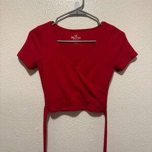Hollister Red Wrap Tie Top V-Neck Crop Top Short Sleeve Y2K Vibes Size X-Small